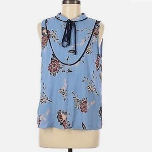•ALICE BLUE STITCH FIX•NWOT BLUE FLORAL NAVY TRIM MOCK NECK BLOUSE SIZE SMALL